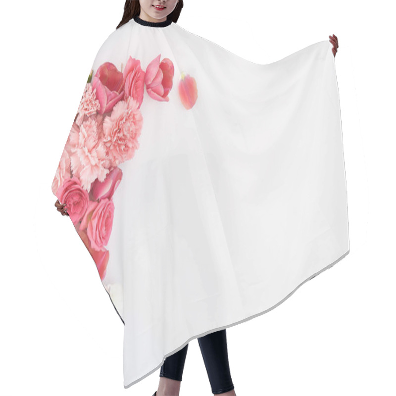 Personality  Top View Of Pink Spring Flowers On White Background With Copy Space Hair Cutting Cape