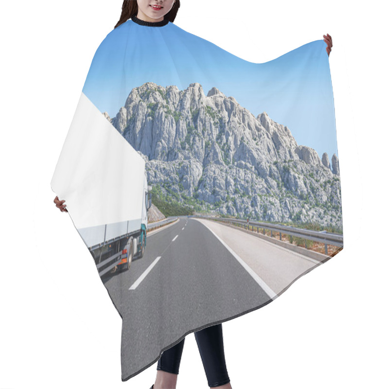 Personality  A White Truck Transports Cargo Along The Highway Against The Backdrop Of A Mountain Landscape. Hair Cutting Cape