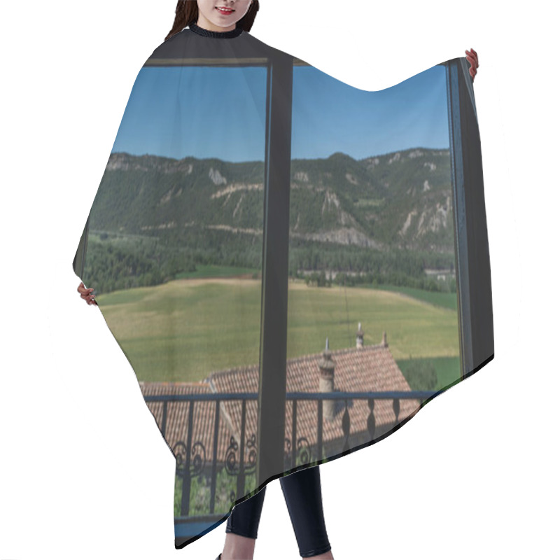 Personality  A Picturesque View Through An Open Window, Framing The Undulating Golden Fields And Distant Mountains, Capturing The Essence Of A Serene Rural Landscape Hair Cutting Cape