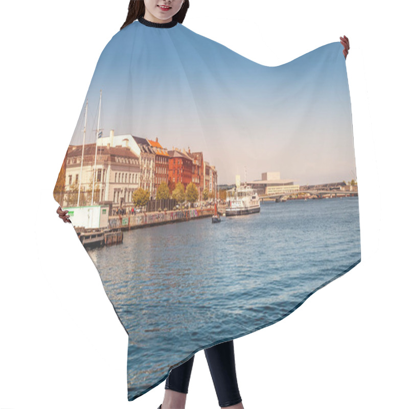 Personality  COPENHAGEN, DENMARK - MAY 6, 2018: Cityscape And River With Boats  Hair Cutting Cape