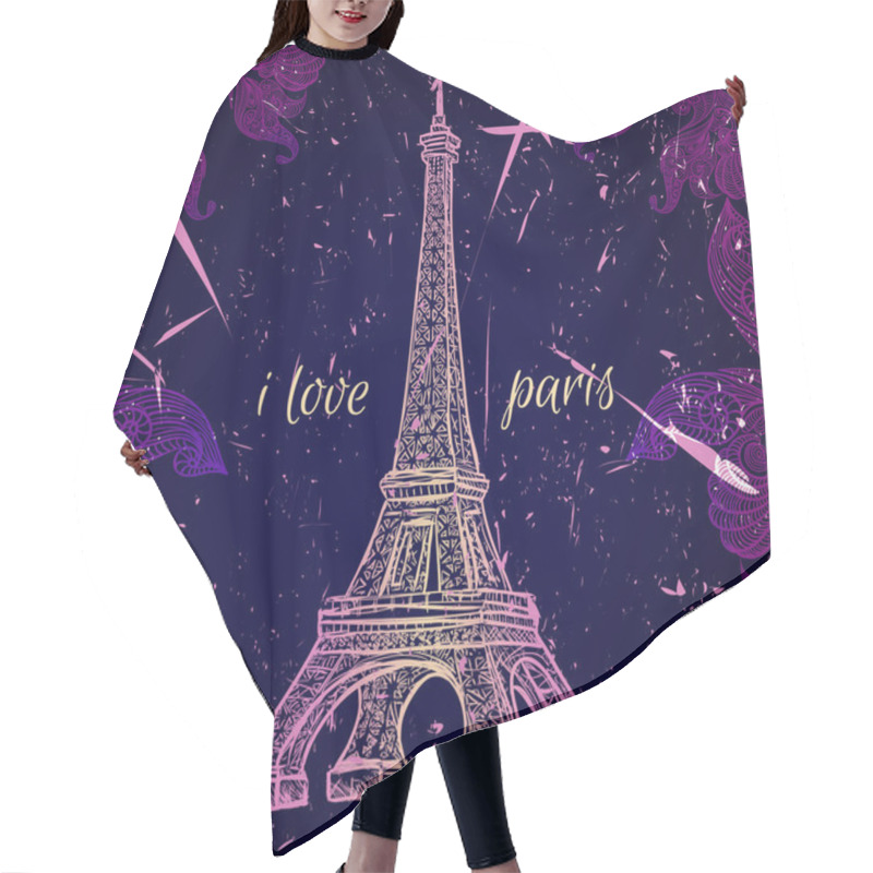 Personality  Vintage Poster With Eiffel Tower On The Grunge Background. Retro Hand Drawn Vector Illustration In Sketch Style ' I Love Paris' Hair Cutting Cape