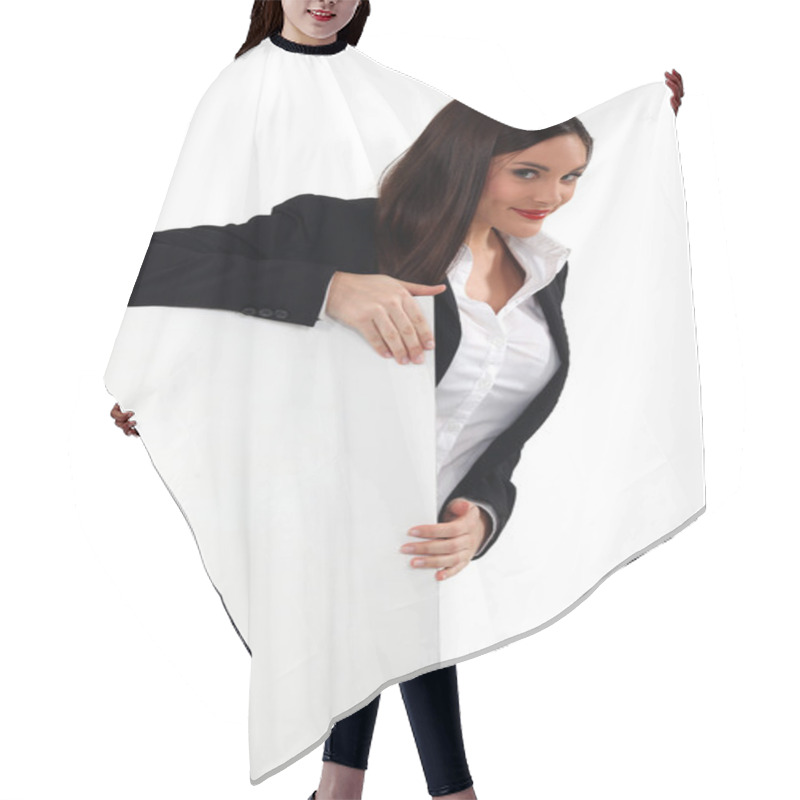 Personality  Alluring Woman Holding Up A Blank Sign Hair Cutting Cape