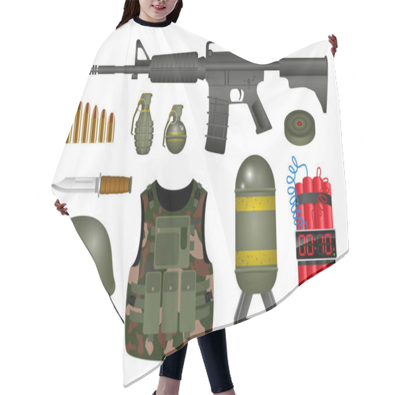 Personality  Set Of Realistic Hand Grenade Or Military Equipment  Or Hand Riot Tear Gas Or High Explosive TNT Concept. Eps 10 Vector, Easy To Modify Hair Cutting Cape