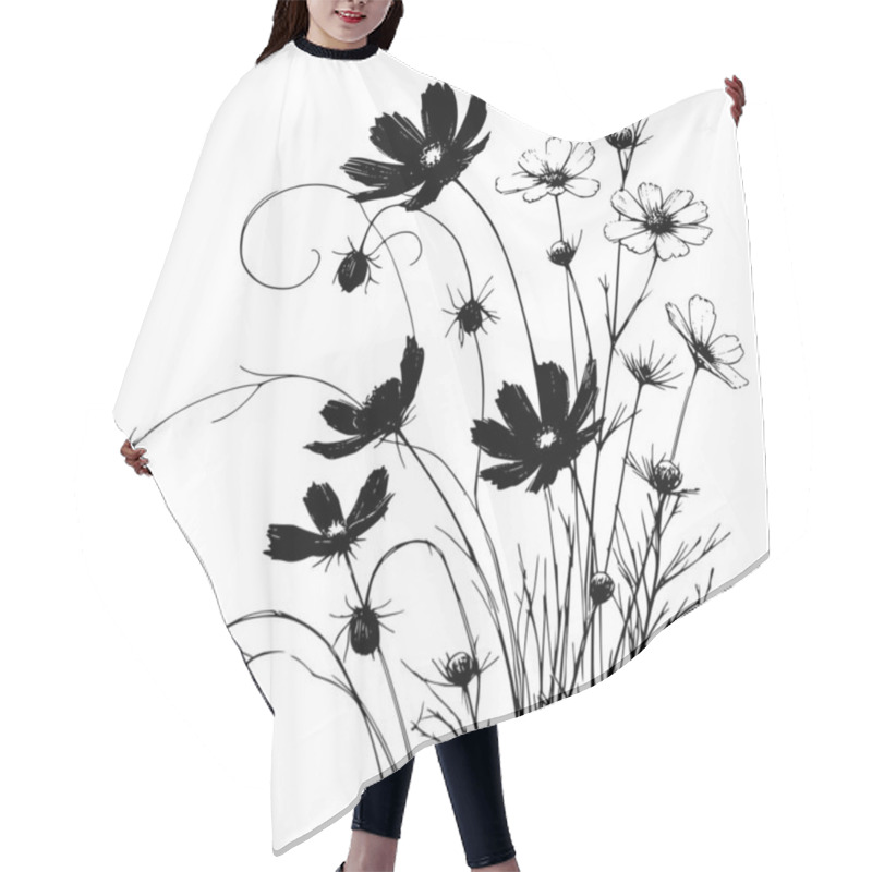 Personality  Hand-drawn Black And White Illustration Of Cosmos Flowers In Blo Hair Cutting Cape