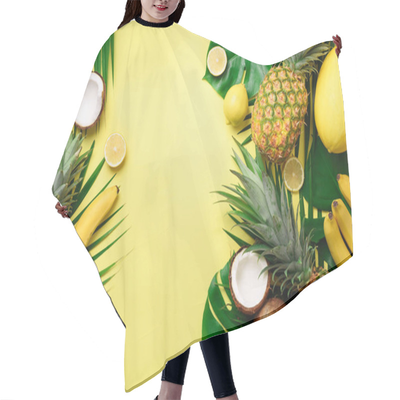 Personality  Exotic Pineapples, Ripe Coconuts, Banana, Melon, Lemon, Tropical Palm And Green Monstera Leaves On Yellow Background With Copyspace. Creative Layout. Monochrome Summer Concept. Flat Lay, Top View. Hair Cutting Cape