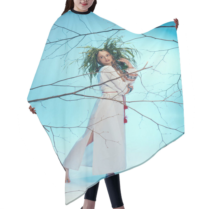 Personality  A Young Mavka In A White Dress Gracefully Holds A Delicate Branch In A Whimsical Studio Setting. Hair Cutting Cape