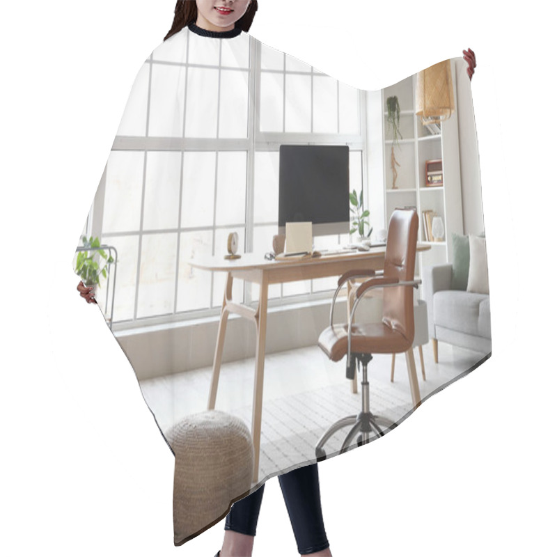 Personality  Workplace With Modern Computer In Light Room Interior Hair Cutting Cape