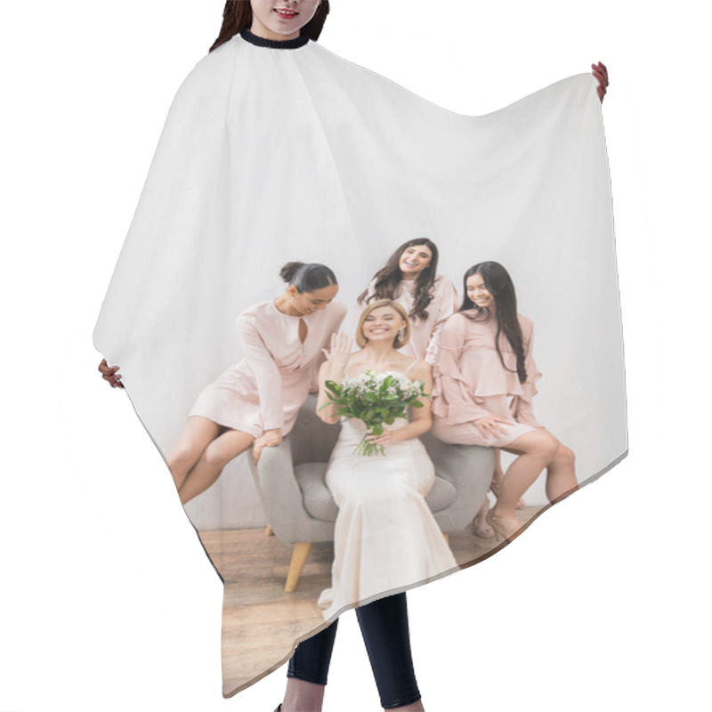 Personality  Wedding Photography, Cultural Diversity, Four Women, Joyful Bride With Bouquet Showing Her Engagement Ring Near Bridesmaids, Wedding Day, Sitting On Armchair, Grey Background, Happiness And Joy  Hair Cutting Cape