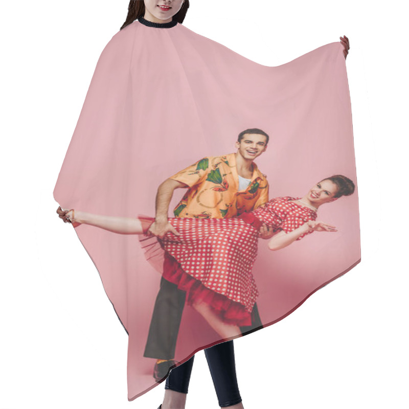 Personality  Elegant Dancer Supporting Partner While Dancing Boogie-woogie On Pink Background Hair Cutting Cape