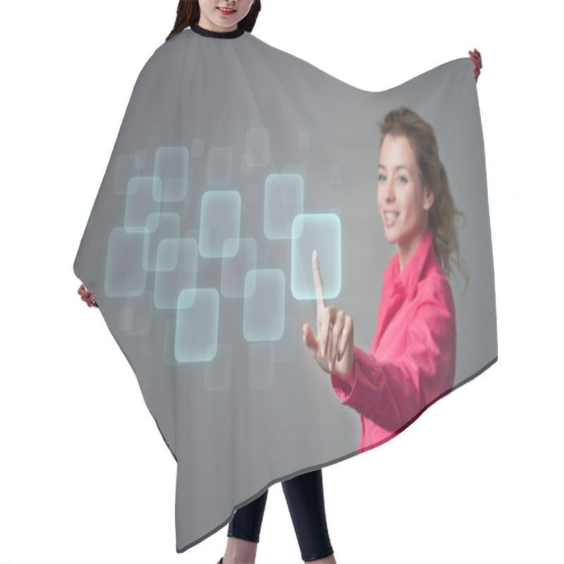 Personality  Woman Pressing Buttons On A Virtual Screen Hair Cutting Cape