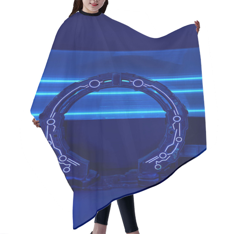 Personality  Futuristic Concept, Arch-shaped Innovation Device In Experimental Laboratory, Neon Light Hair Cutting Cape