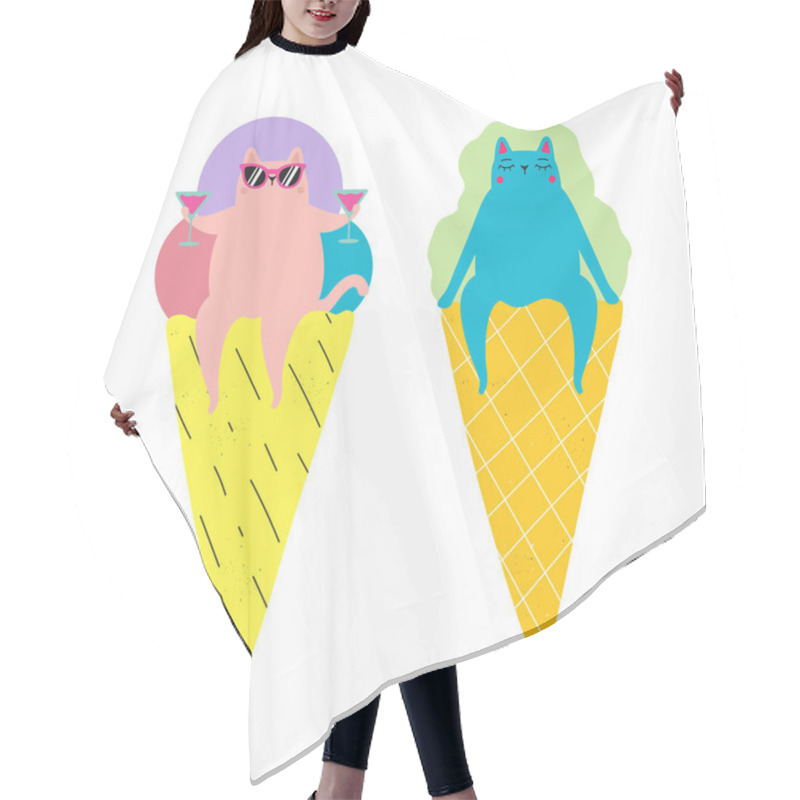 Personality  Vector Illustration Set With Ice Cream Cones And Cats. Funny Vac Hair Cutting Cape