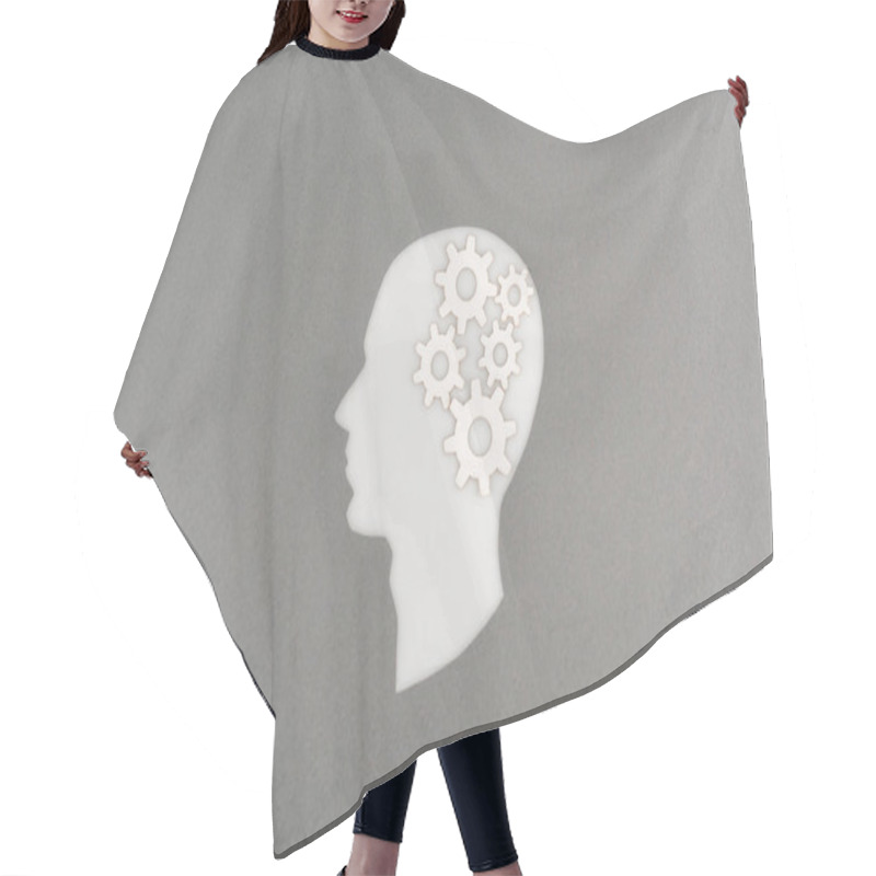 Personality  Top View Of Cut Out White Human Head With Gears Isolated On Grey Hair Cutting Cape