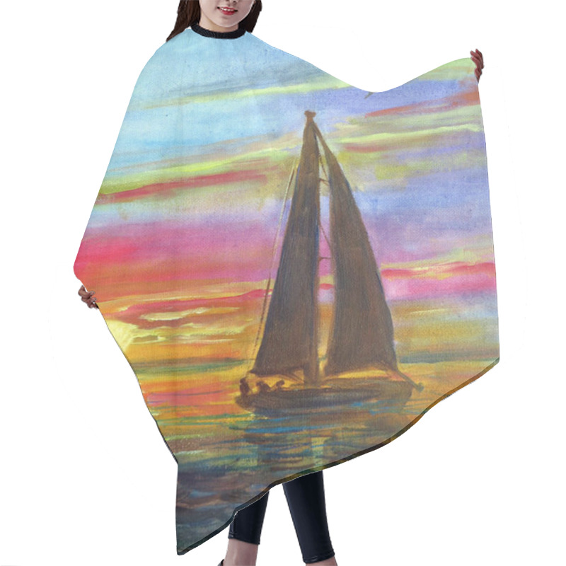 Personality  Silhouette Of A Sailing Yacht Against The Backdrop Of A Bright Sea Sunset, Oil Painting Hair Cutting Cape