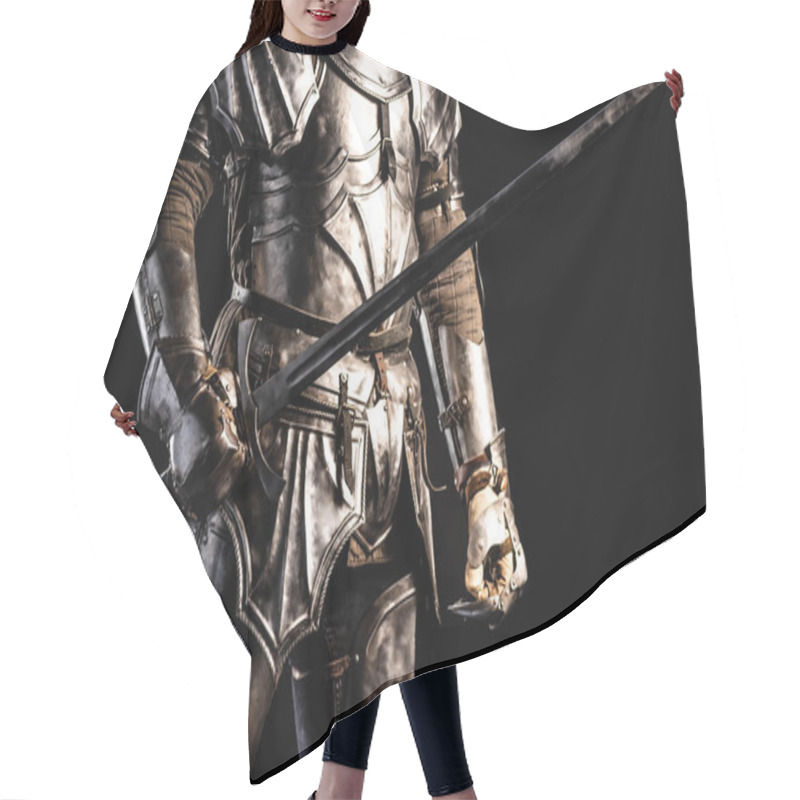 Personality  Cropped View Of Knight In Armor Holding Sword Isolated On Black  Hair Cutting Cape