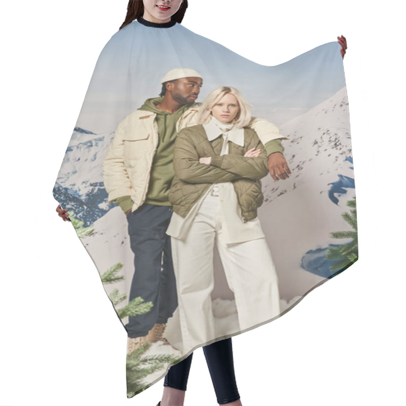 Personality  Beautiful Voguish Couple In Warm Winter Jackets With Mountain Backdrop Posing With Arm On Shoulder Hair Cutting Cape