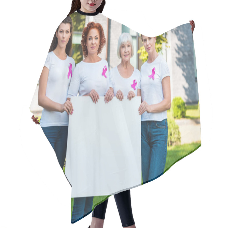 Personality  Women With Breast Cancer Awareness Ribbons Holding Blank Banner And Smiling At Camera  Hair Cutting Cape