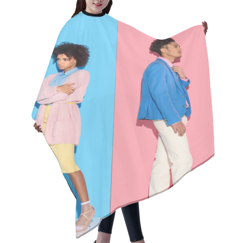 Personality  Pensive Couple Standing In Distance Of Each Other On Pink And Blue Background  Hair Cutting Cape