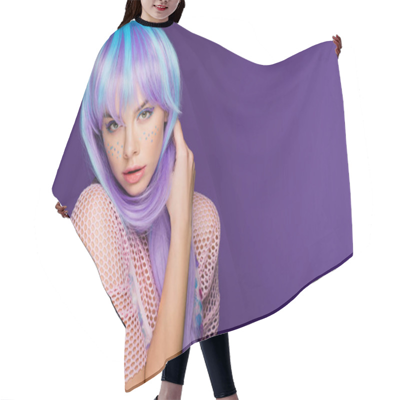 Personality  Attractive Fashionable Girl Posing In Violet Wig With Stars On Face, Isolated On Purple Hair Cutting Cape