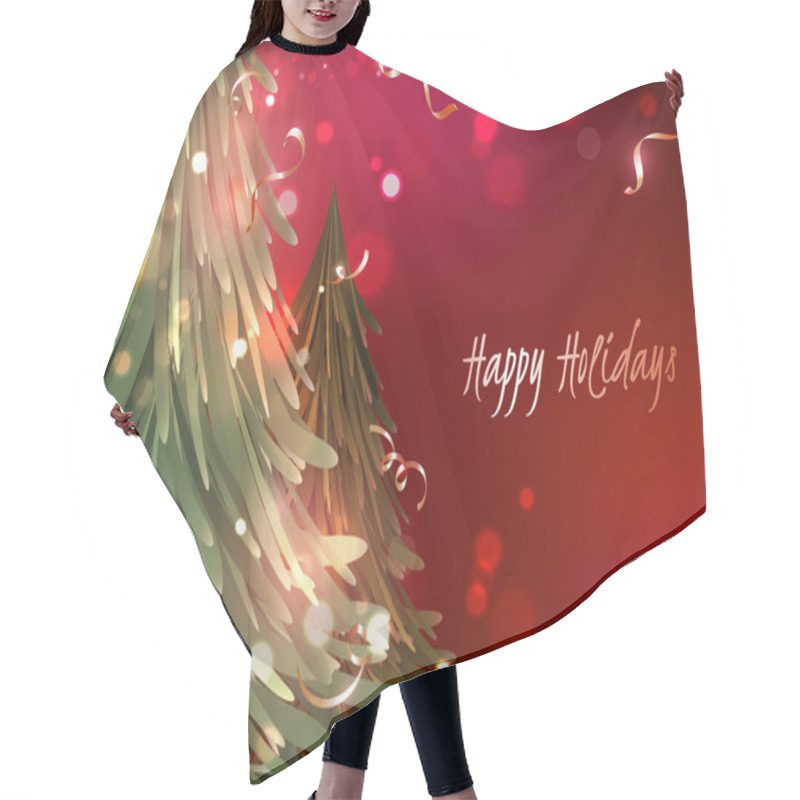 Personality  Happy Holidays Concept With Xmas Trees And Bokeh Effect On Red Background. Hair Cutting Cape