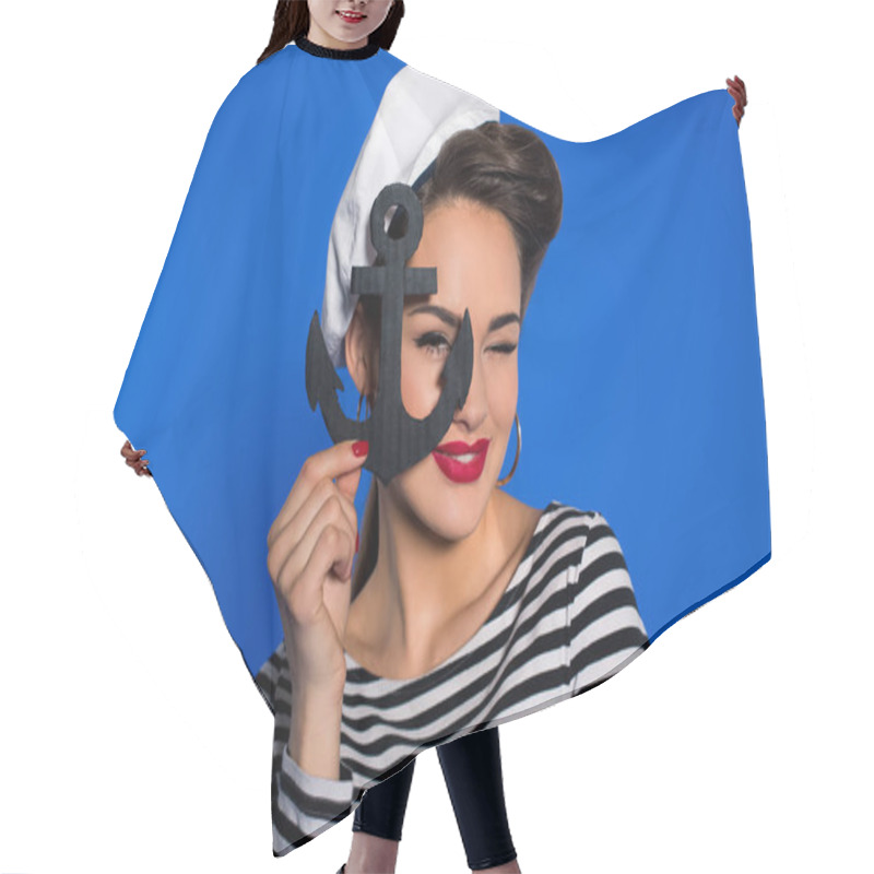 Personality  Portrait Of Fashionable Young Woman In Retro Clothing With Anchor In Hand Isolated On Blue Hair Cutting Cape