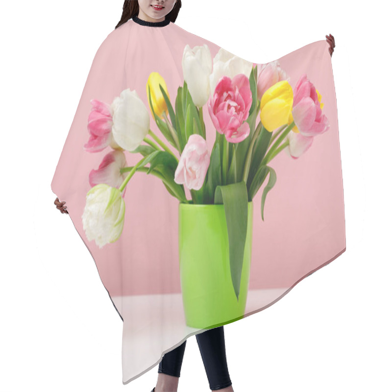 Personality  Tender Blooming Tulips In Vase On Pink Background Hair Cutting Cape