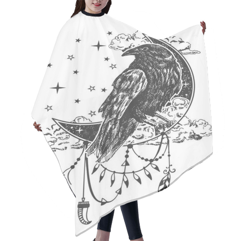 Personality  Vector Boho Raven Tattoo Or T-shirt Print Design Hair Cutting Cape