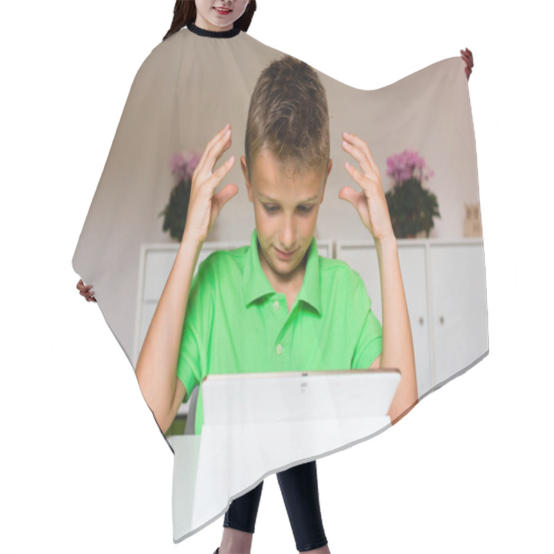 Personality  Frustrated Boy Using White Tablet Hair Cutting Cape