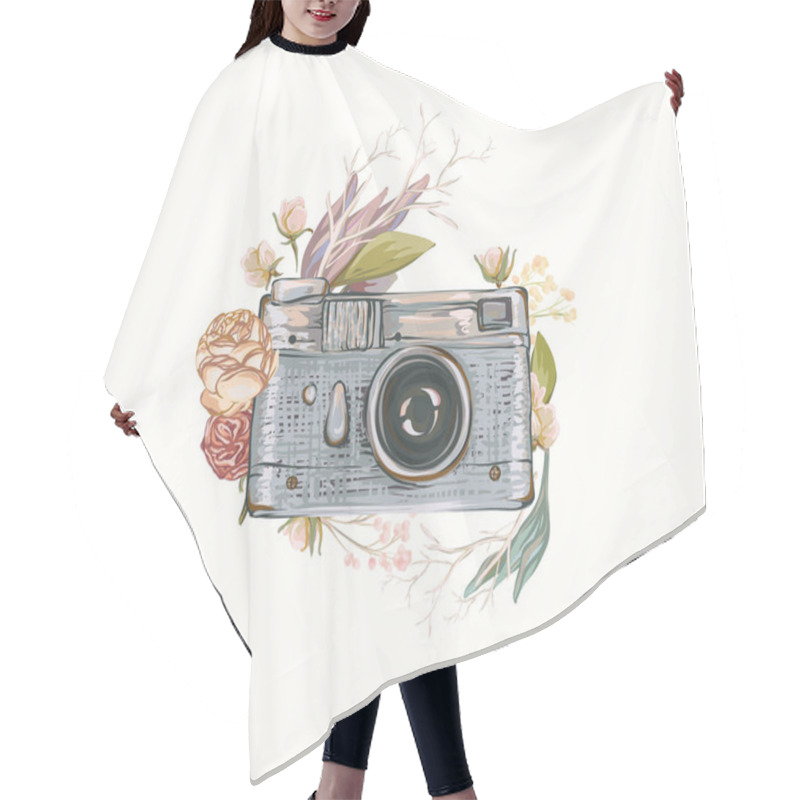 Personality  Vintage Retro Photo Camera In Flowers, Leaves, Branches On White Background. Watercolor Design, Flat Style. Hand Drawn Vector Illustration, Separated Elements In Collage Hair Cutting Cape