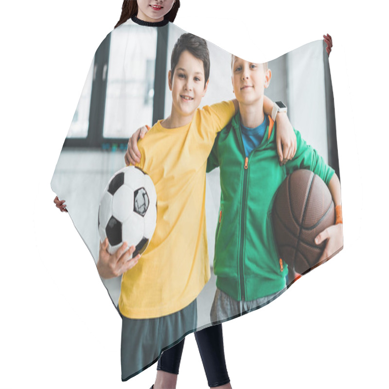 Personality  Pleased Boys Embracing While Posing With Balls Hair Cutting Cape