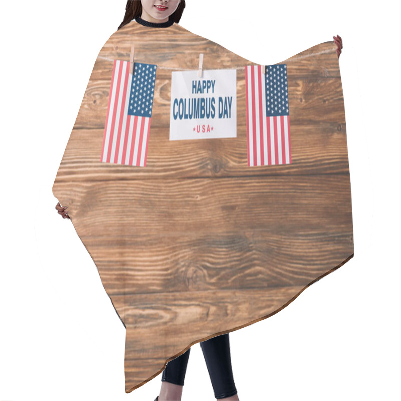 Personality  Card With Happy Columbus Day Inscription Between National Flags Of America On Wooden Surface Hair Cutting Cape