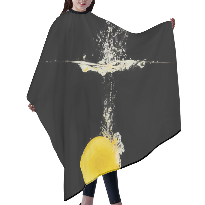 Personality  Yellow Ripe Lemon Falling Deep In Water With Splash Isolated On Black Hair Cutting Cape