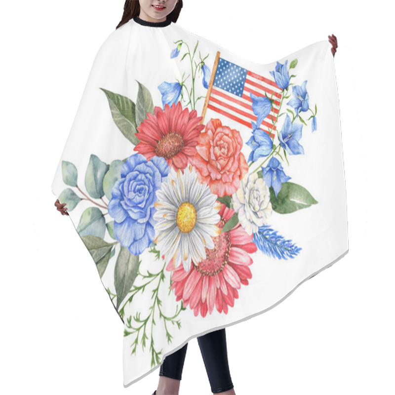 Personality  4th Of July Patriotic Concept. Independence Day Design Element. Hand Painted Watercolor Floral Arrabgement . Botaical Illustration Hair Cutting Cape