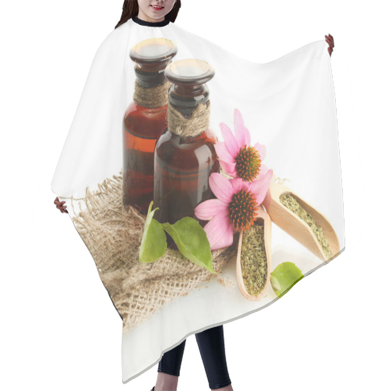 Personality  Medicine Bottles With Purple Echinacea , Isolated On White Hair Cutting Cape