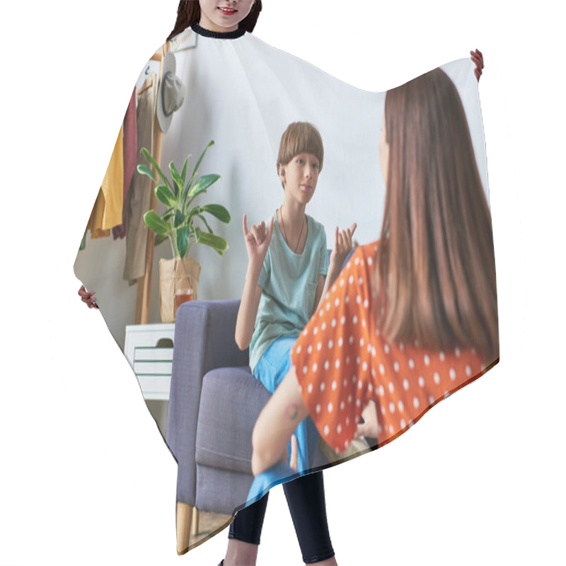 Personality  A Mother And Her Son Share A Joyful Conversation Using Sign Language. Hair Cutting Cape