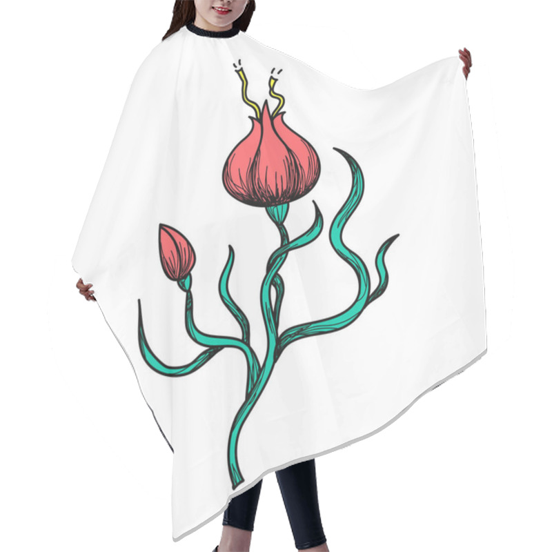 Personality  Doodle Red Fantasy Flower With Leaves And A Bud. Sketchy Cartoon Style Blooming Magic Plant. Decorative Graphic Design Element. Fairy Tale Nature Print. Hair Cutting Cape