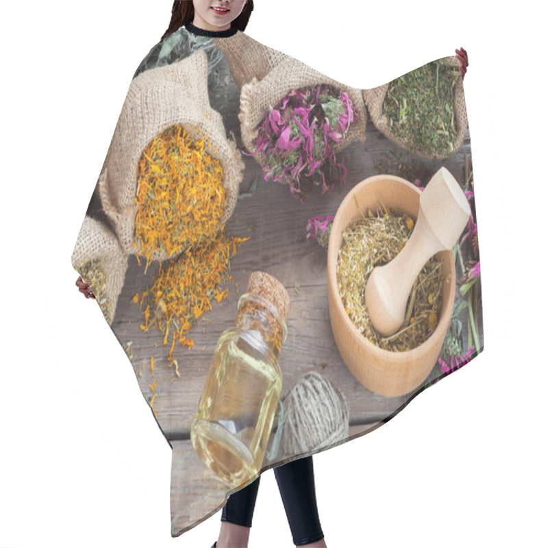 Personality  Healing Herbs In Hessian Bags, Wooden Mortar With Chamomile And  Hair Cutting Cape