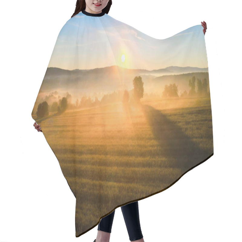 Personality  Sunrise In A Foggy Forest. Aerial View Hair Cutting Cape