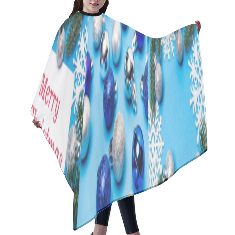 Personality  Collage Of Shiny Baubles And Merry Christmas Card On Blue Background Hair Cutting Cape