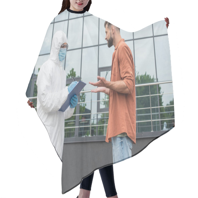 Personality  Man Talking To Border Guard In Hazmat Suit Writing On Clipboard Near Car  Hair Cutting Cape