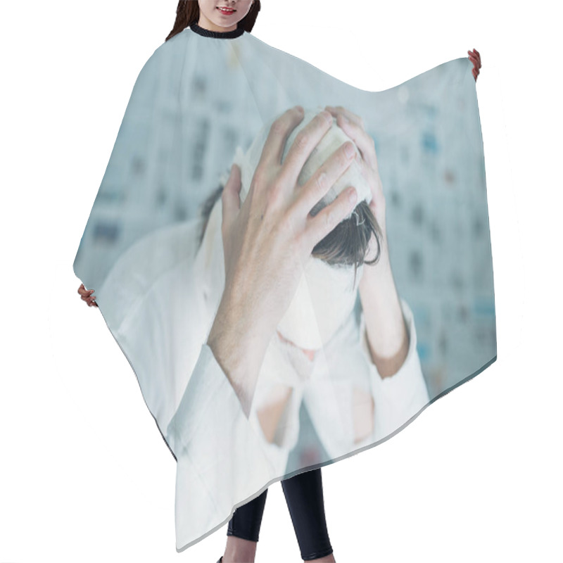 Personality  Victim Of Tabloid Journalism And Fake News Infodemic, Conceptual Image Of Man Wrapped In Bandages Surrounded By Walls Covered With Daily Newspaper Pages Hair Cutting Cape