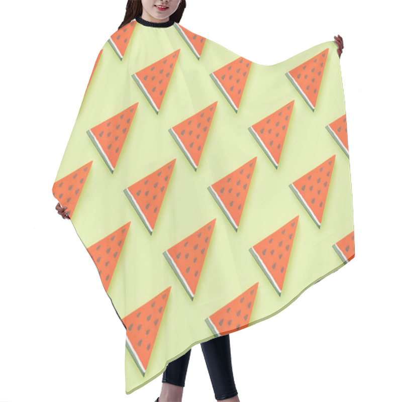 Personality  Top View Of Pattern With Handmade Red Paper Watermelon Slices Isolated On Green Hair Cutting Cape