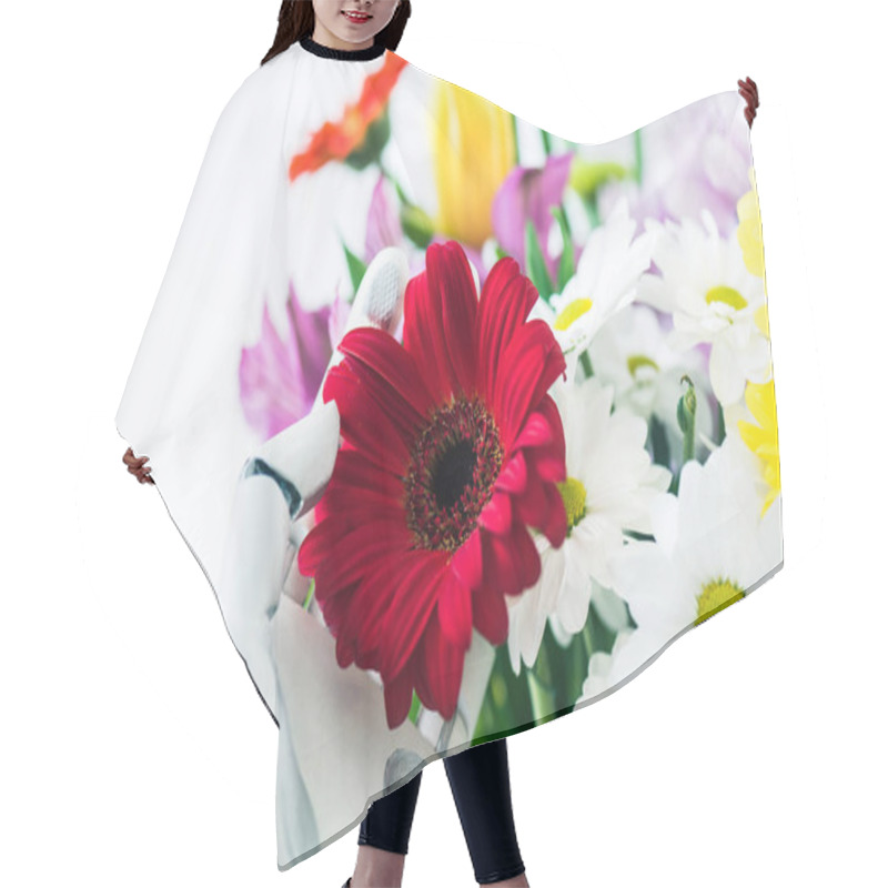 Personality  Close-up View Of Robot Holding Beautiful Red Gerbera Flower Isolated On White Hair Cutting Cape