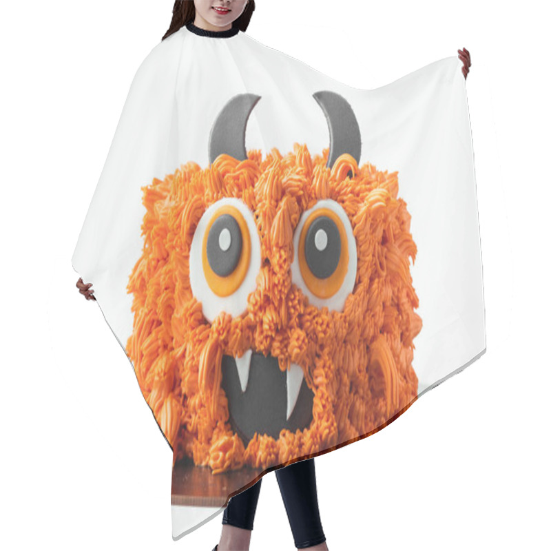 Personality  Monster Theme Cake On The White Background. Halloween Cake With Orange Fluffy Cream Cheese Frosting Isolated On White Hair Cutting Cape