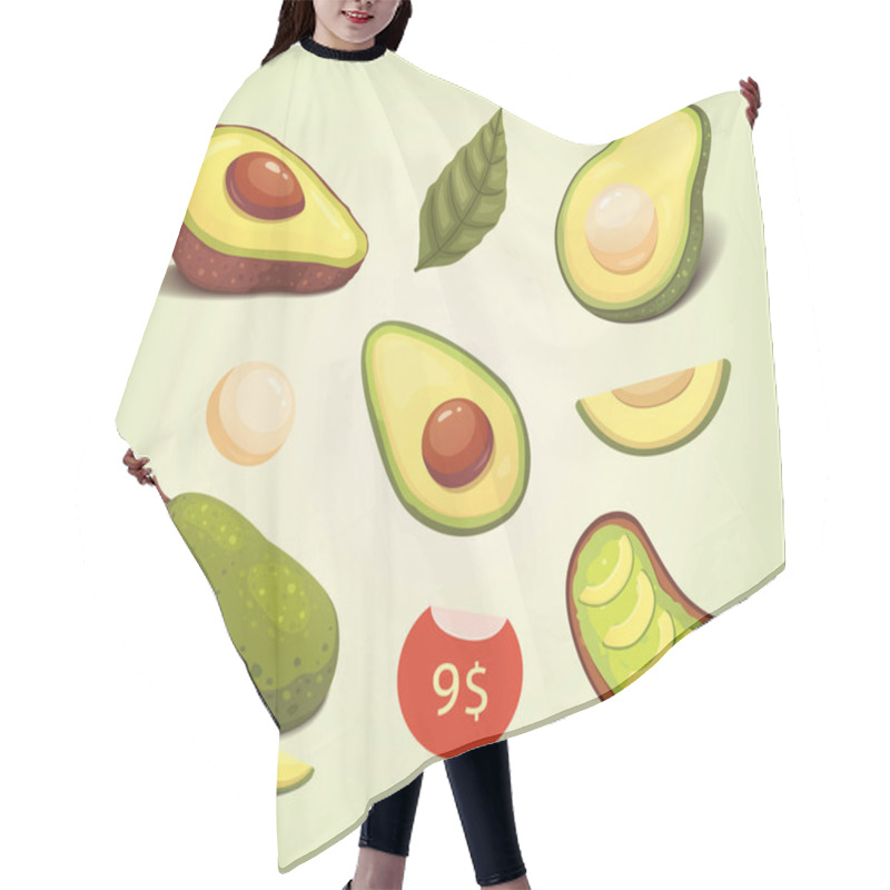 Personality  Set Realistic Fresh Avocado Fruit. Slice And Whole Avocados. Vegan Food Vector Illustration In Cartoon Style. Hair Cutting Cape