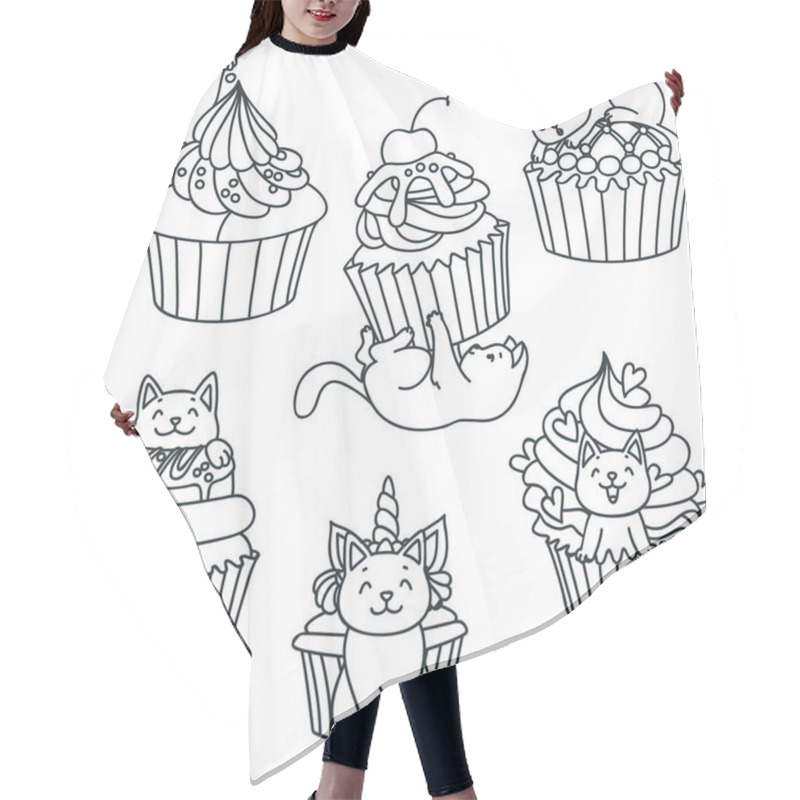 Personality  Set Of Kittens And Cupcakes. Back And White Doodle Illustration Of A Cute Little Kittens With Cupcakes Isolated On White. Vector 8 EPS. Hair Cutting Cape