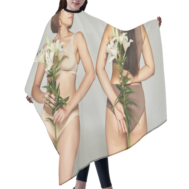 Personality  Cropped Woman In Beige Lingerie Standing Near Female Friend And Holding Flowers In Hands On Grey Hair Cutting Cape