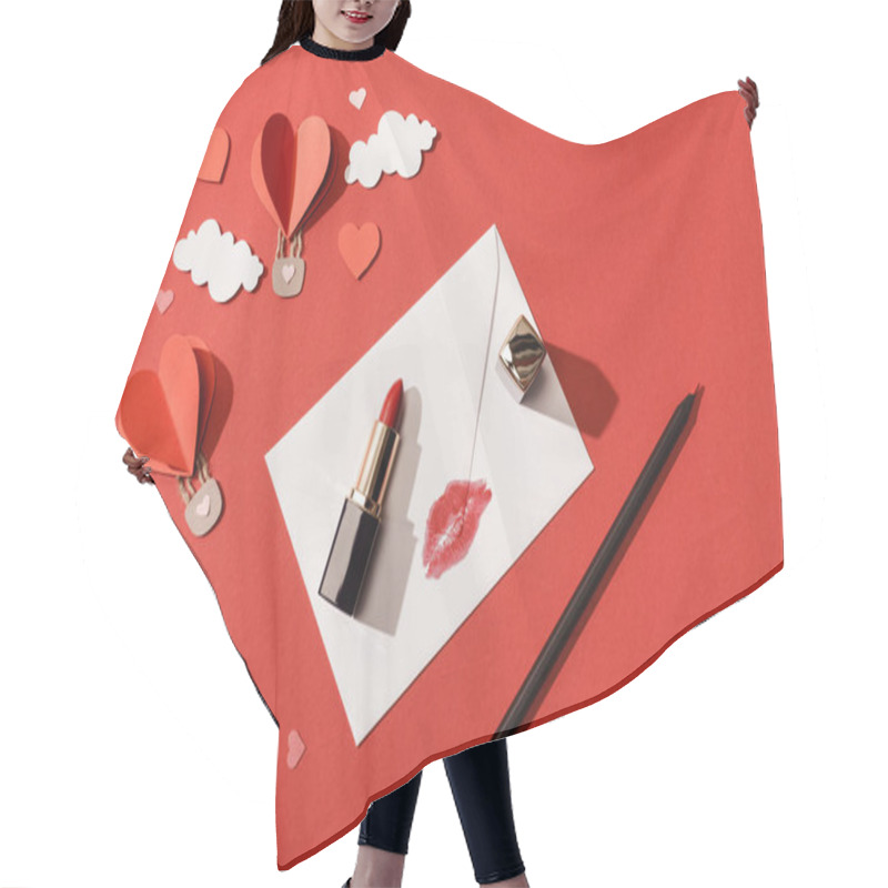 Personality  Top View Of Paper Clouds And Heart Shaped Air Balloons, Envelope With Lip Print, Lipstick And Pencil On Red Background Hair Cutting Cape