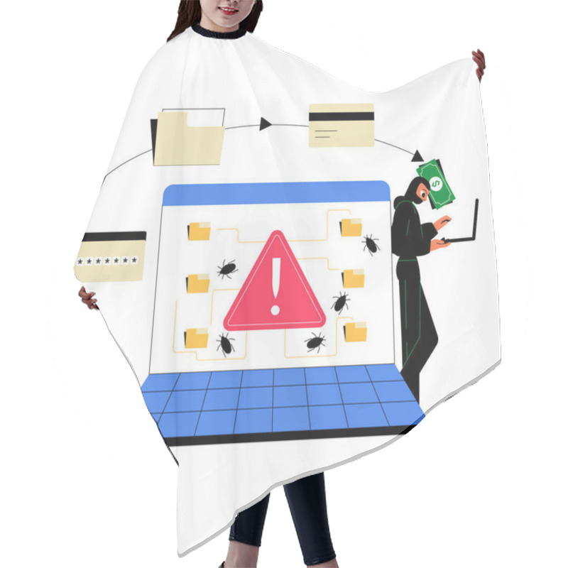 Personality  A Hacker Wearing A Mask Using A Laptop Next To A Screen Showing An Alert Icon With Bugs, Highlighting Cybersecurity Risks, Data Theft, And Online Breaches. Hair Cutting Cape