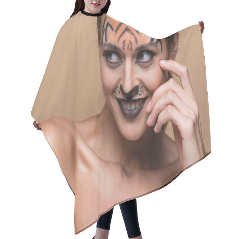 Personality  Joyful Young Woman With Bare Shoulders And Tiger Makeup Posing Isolated On Beige Hair Cutting Cape